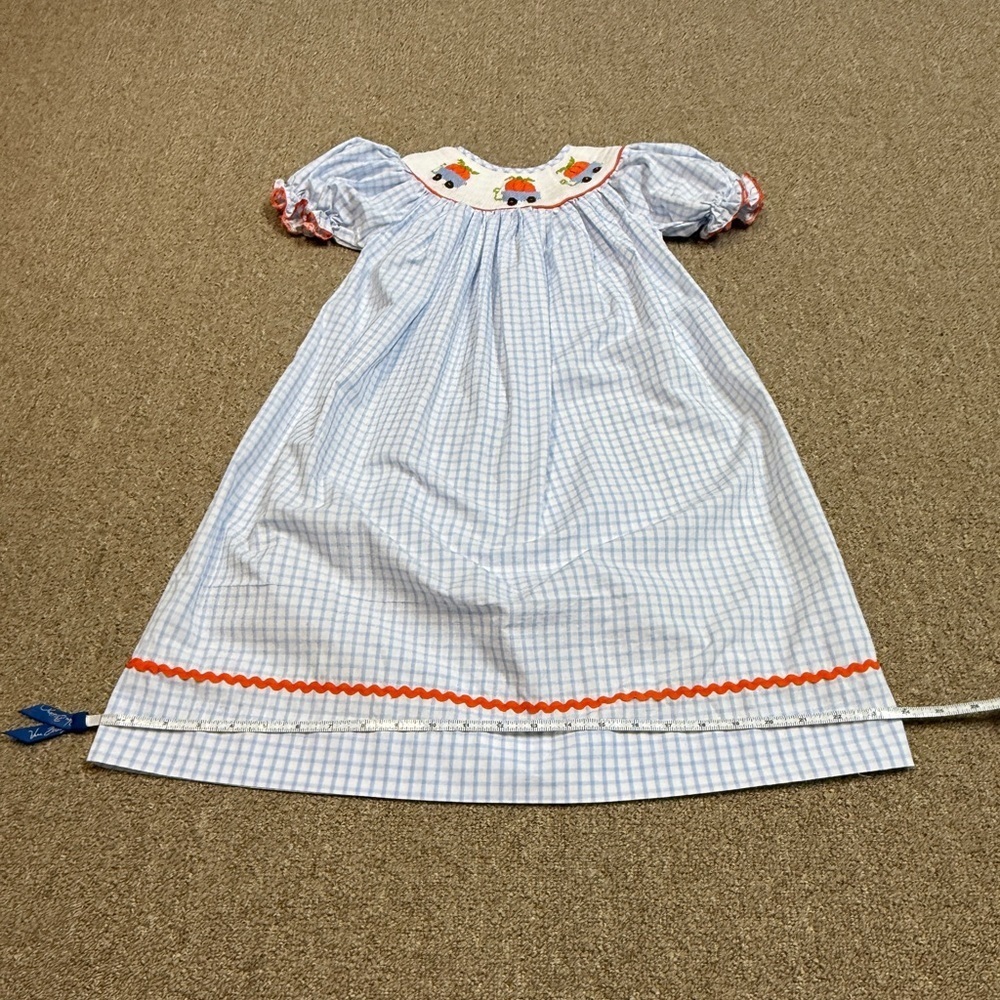 Babeeni: Girls Blue Checkered Smocked Pumpkin Bishop Dress, Size 5T - Picture 9 of 12
